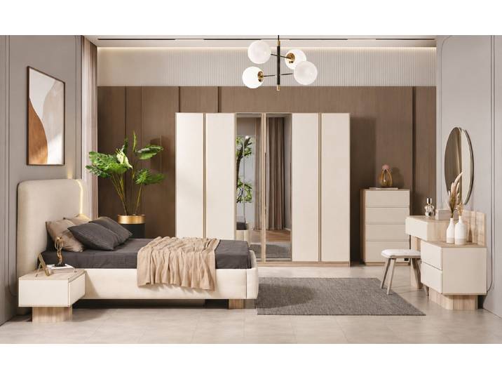 JVmoebel Komplettschlafzimmer Doppelbett Nachttisch Schrank Schminktisch weiß modern neu, (5-tlg), Made in Europa