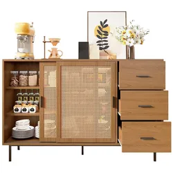 Sideboard 140x37x91 Landhausstil 2 Schiebetüren 3 Schubladen Stauraum Aufbewahrung Robust Holzwerkstoff Natur