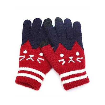 Strickhandschuhe für Damen mit Touchscreen-Funktion, mehrfarbig, Katzenmotiv, kuscheliges Winteraccessoire