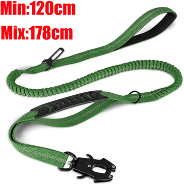 Inspire Picks TitanFlex Reflective Bungee Dog Leash With Built In Car Seatbelt long Green