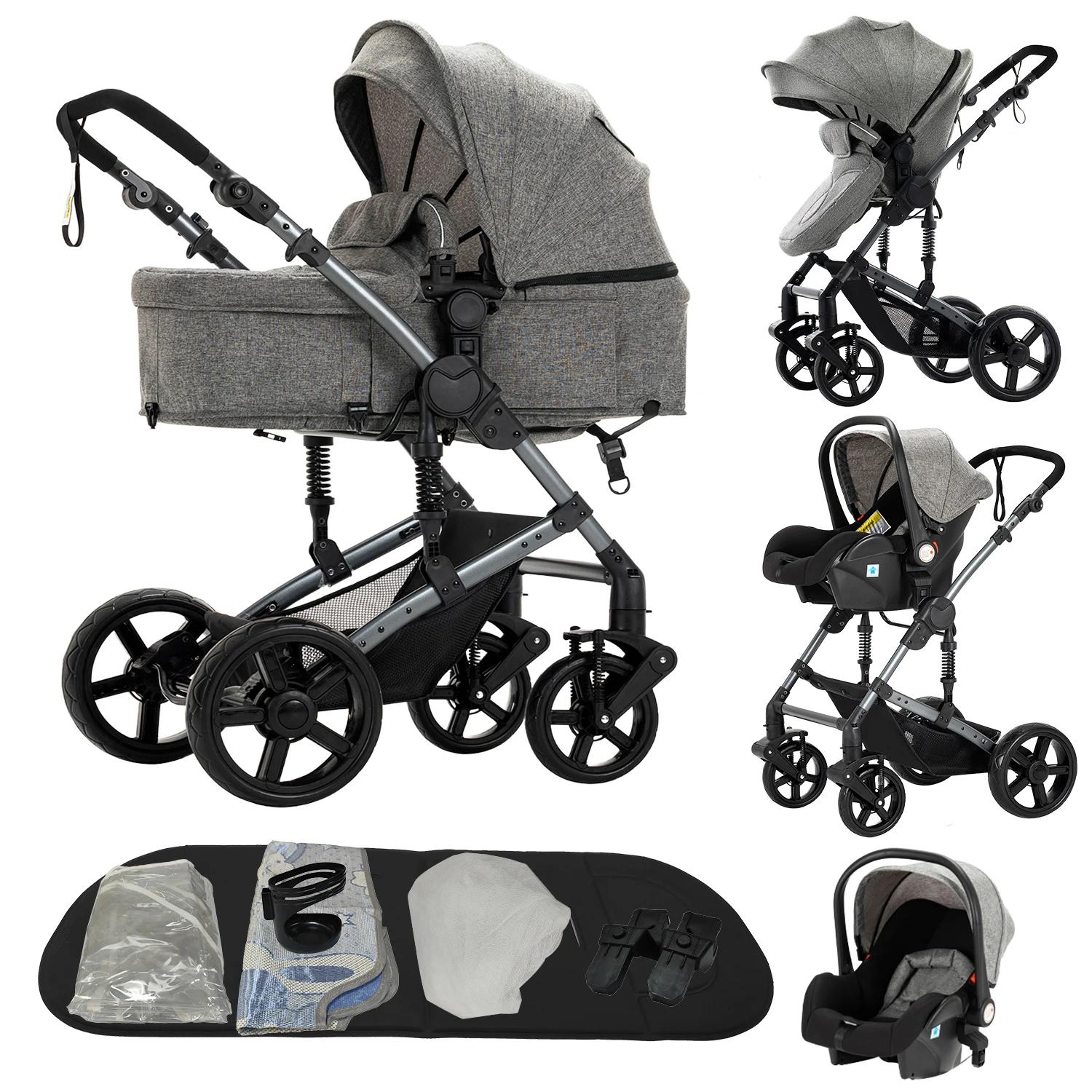 Luxus-Kinderwagen - B588 3-in-1-Kombikinderwagen mit Babyschale - Leicht - Faltbar - Für Neugeborene - Tragkraft über 20 kg - Grau