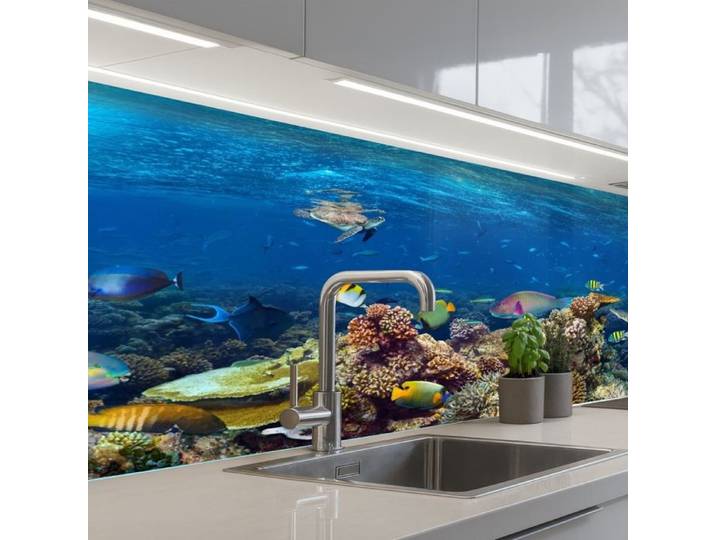 KitchenYeah crédence de cuisine Paysage Sous-marin Tortue et Poissons Tropicaux Bleu 150x60 cm