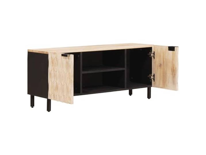TV-Schrank Weiße Gewaschene Oberfläche 105 x 33 x 46 cm Massivholz Mangorahmen, Regalbretter, Türen mit Scharnieren, Tassengriffe, Eisen-Vierkantbeine, Holzlook