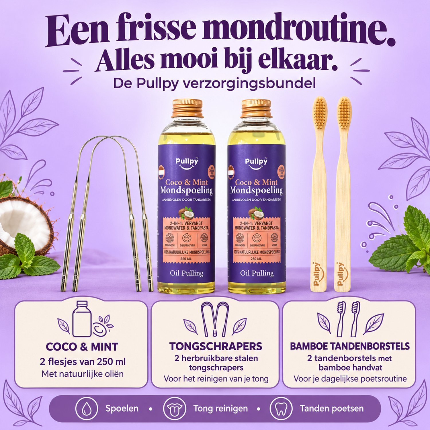 Pullpy Duo Combo Mondspoeling Oil Pulling Coco & Mint met 8 Oliën en Vitamines D3, E & K2