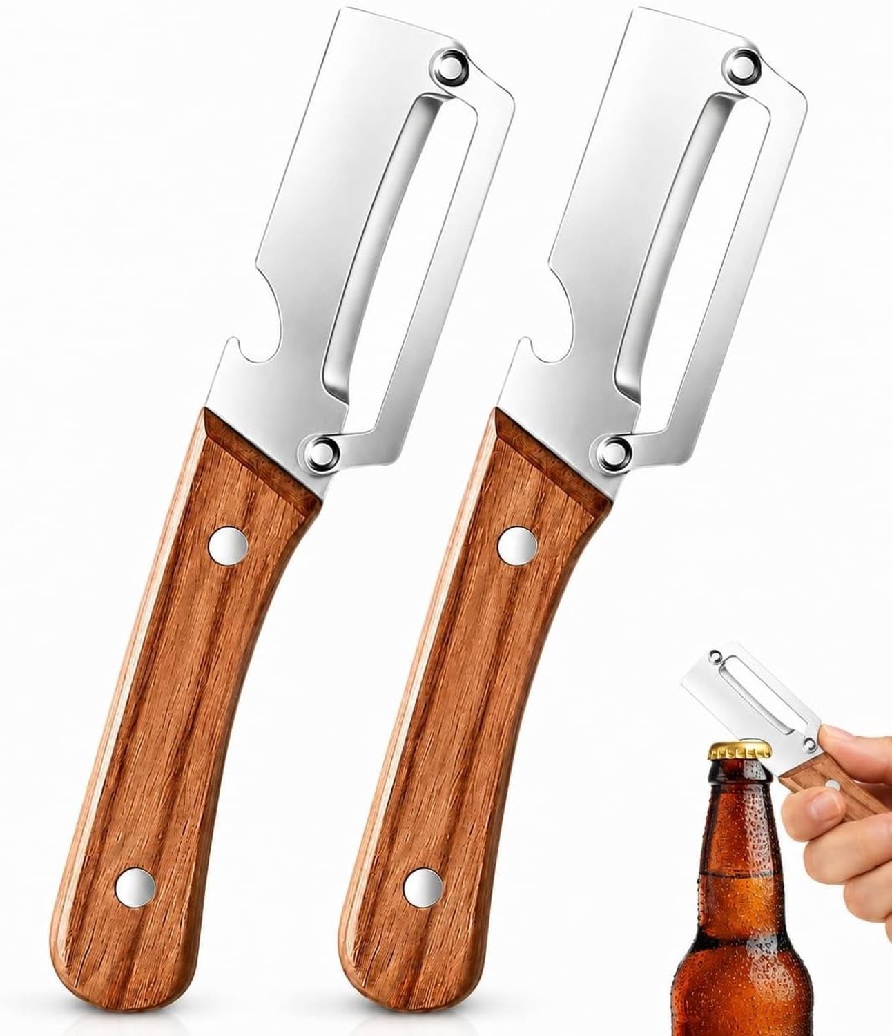 Multifunctionele Groenteschiller met Houten Handvat - 2-in-1 RVS Schilmesje en Flessenopener