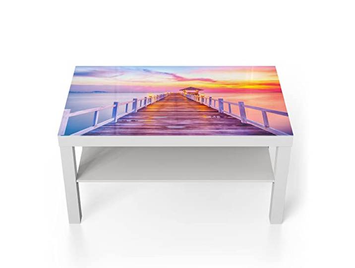 DEQORI Glastisch weiß groß 90x50 cm Motiv Holzsteg bei Dämmerung ausgefallener Beistelltisch aus Glas Hochglanz Couchtisch fürs Wohnzimmer moderner Couch Tisch mit Design
