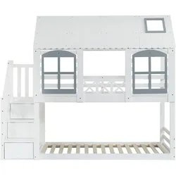 MODFU Etagenbett aus Kiefernholz und MDF in Weiß/Grau, 253,5x95x215 cm, mit Stauraumtreppe und Dach