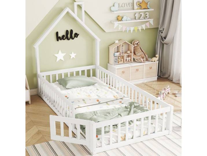 Lit au sol 90x200 Lit enfant forme cheminée avec sommier (matelas non inclus) lit au sol simple avec barrières de