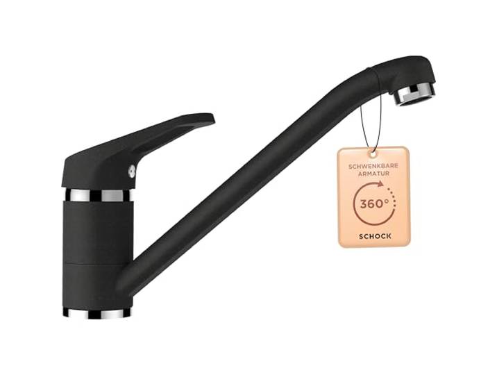 SCHOCK® Küchenarmatur COSMO Onyx I Hochdruck Einhebelmischer mit Festauslauf I 360° schwenkbar I Platzsparendes Design I Extrastarker Wasserdurchlauf I Standard Norm-Anschlüsse I Messing I 165 mm Höhe