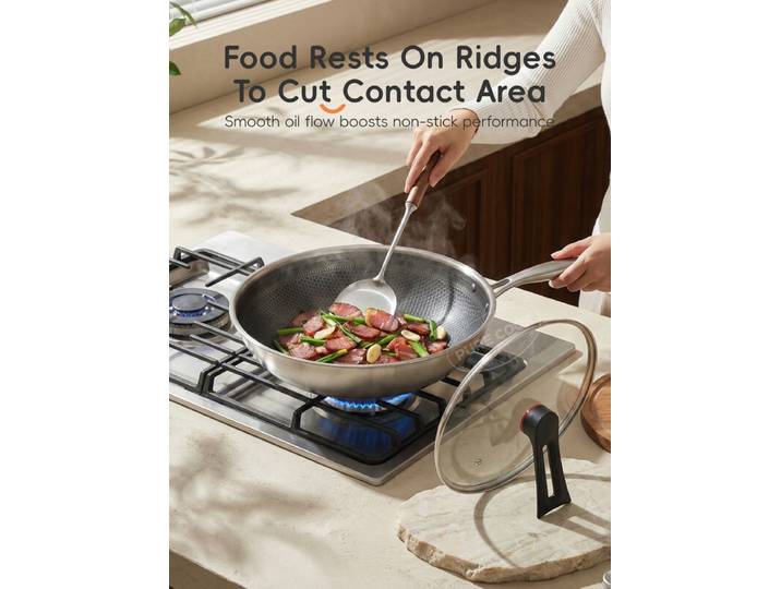 PURE COOK Antiaanbakwok Tri-Ply 304 Roestvrij Staal Honingraat 32 cm (12,5 inch) Glazen Deksel PTFE Antiaanbaklaag Koelhoudbare Handgreep Minder Rook Geschikt Voor Alle Warmtebronnen