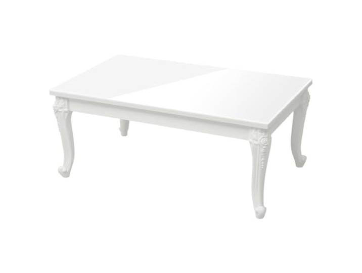 Roanoer Couchtisch Hochglanz Weiß 100x50x42 cm Wohnzimmertisch Elegante geschnitzte Kunststoffbeine für zeitloses Design im Wohnzimmer, pflegeleichte Oberfläche aus Holzwerkstoff.