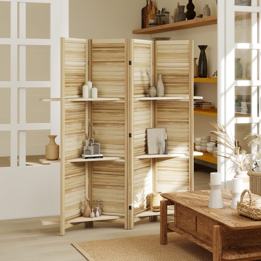 Homcom Paravent intérieur 4 panneaux 3 étagères en bois coloris grain de bois Beige 160x170x2cm