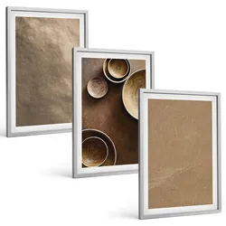 BILDER SET 3er Set - 40x60 cm Silberner Rahmen - Minimalistische Steinstrukturen