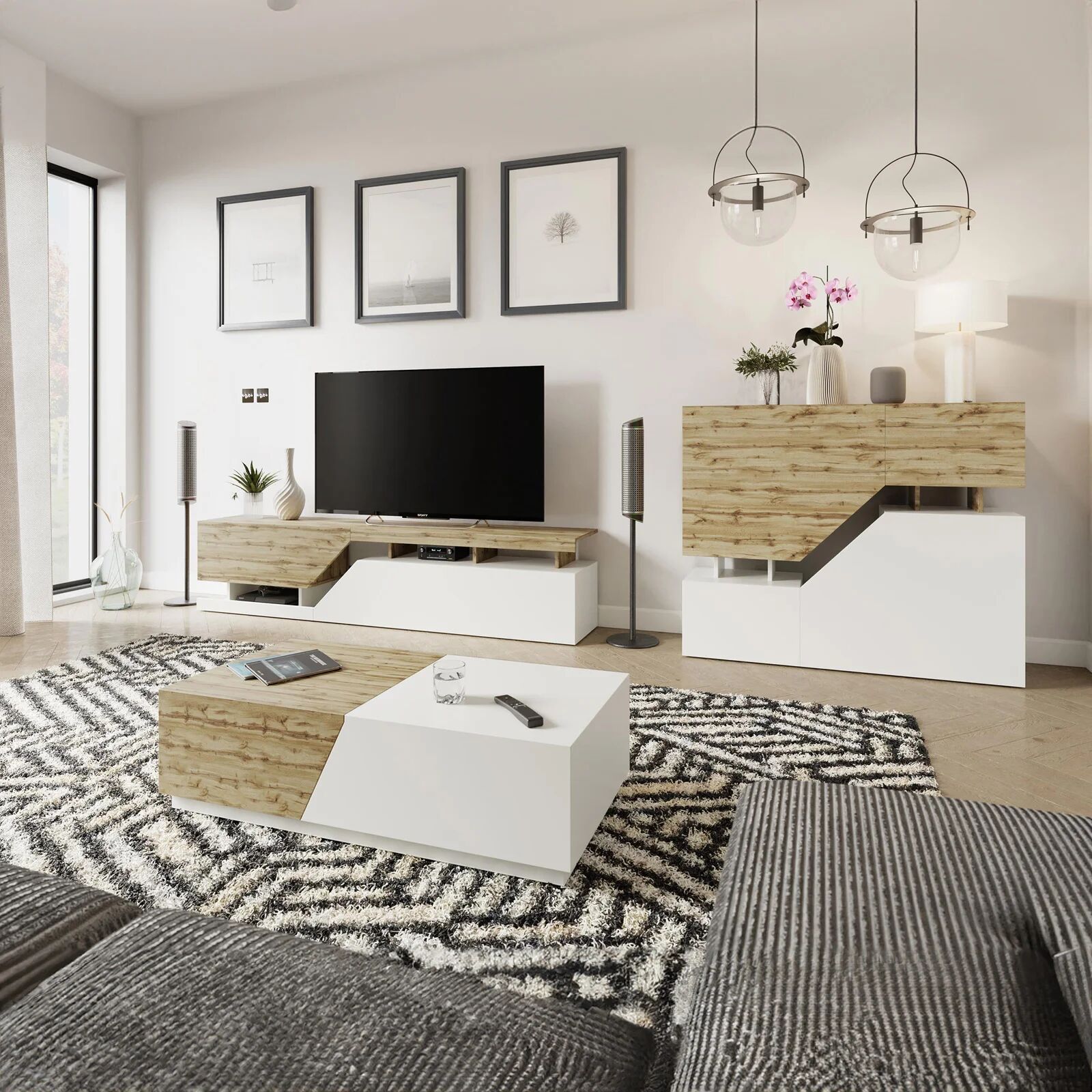 garneroarredamenti Set mobili soggiorno completo rovere bianco Modesta