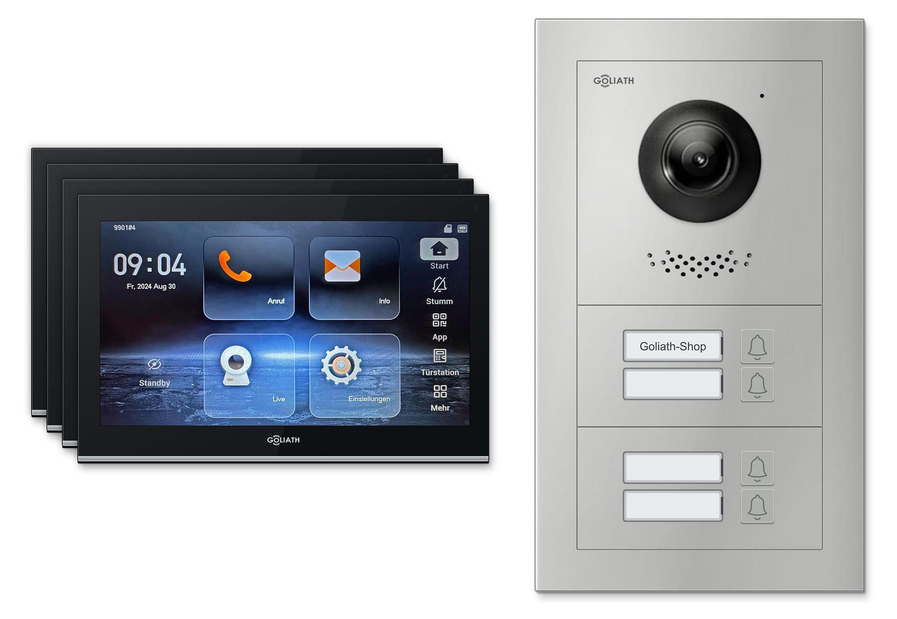 Goliath Premium IP GL-IPH400.2 Video-Türsprechanlage, 4 Familien, 4× 10 Zoll Schwarz, Silber, Unterputz