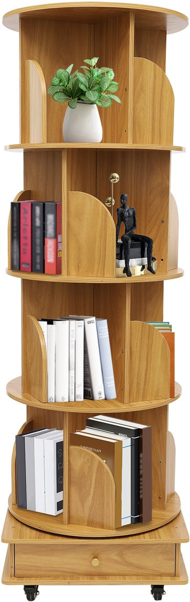 Draaibare boekenkast met 4 lagen houten planken op wielen