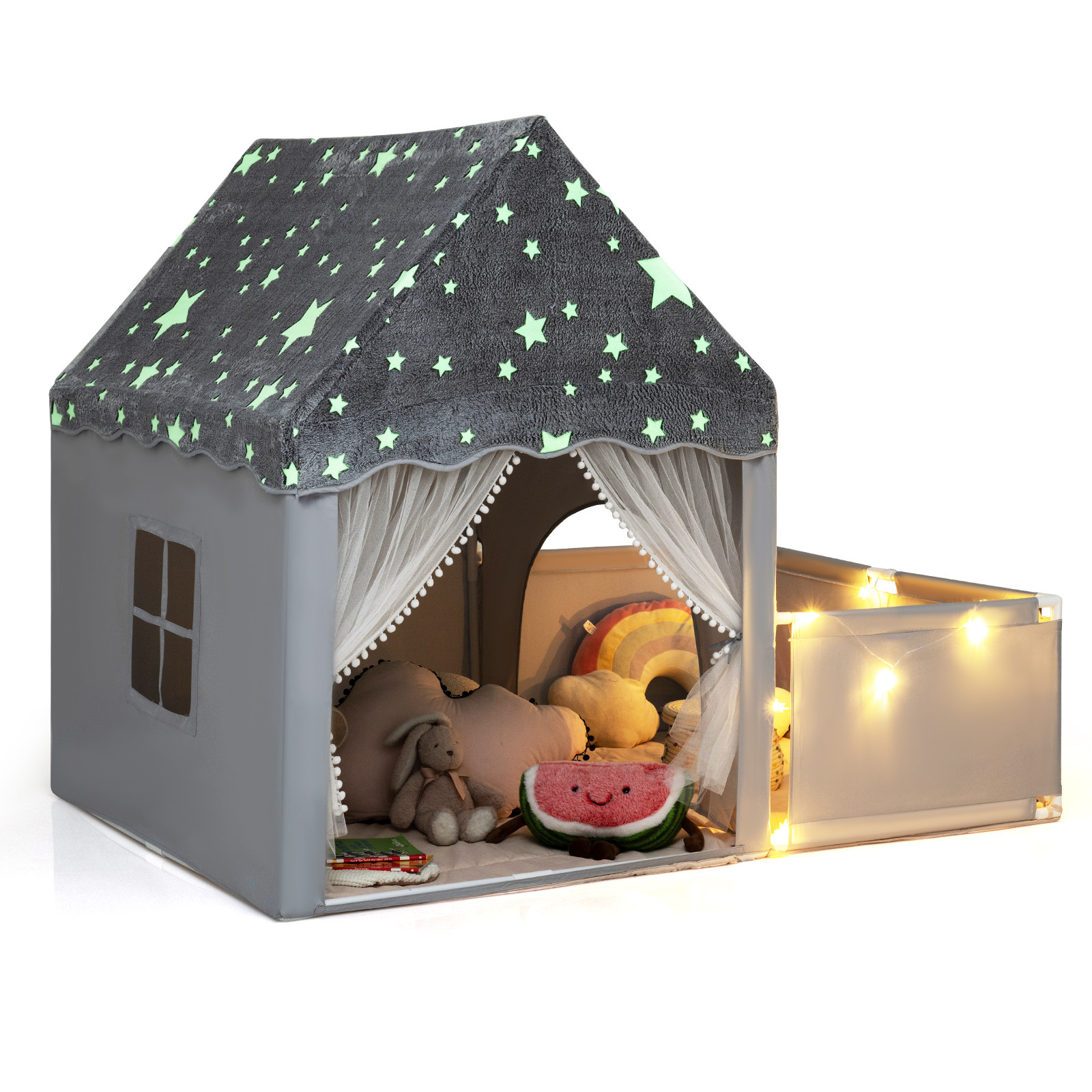 Costway 2-in-1 Speeltent voor kinderen met oplichtende functie, speelhekje, speelhuis met mat en ramen in huisvorm