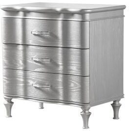 Benjara Eleena Nightstand, 3 Drawers, Silver Solid Wood, Metal Handles 28 Inch