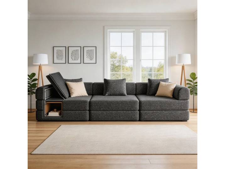 Canapé‑lit modulaire - 3 places chenille gris - Accoudoir rangement - Structure métal triple - Convertible lit