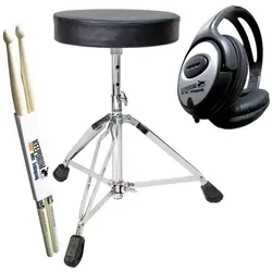 keepdrum Zubehörset für E-Drums - Hocker mit Kopfhörer und Sticks, Schlagzeug Zubehör, Weiss, Schwarz