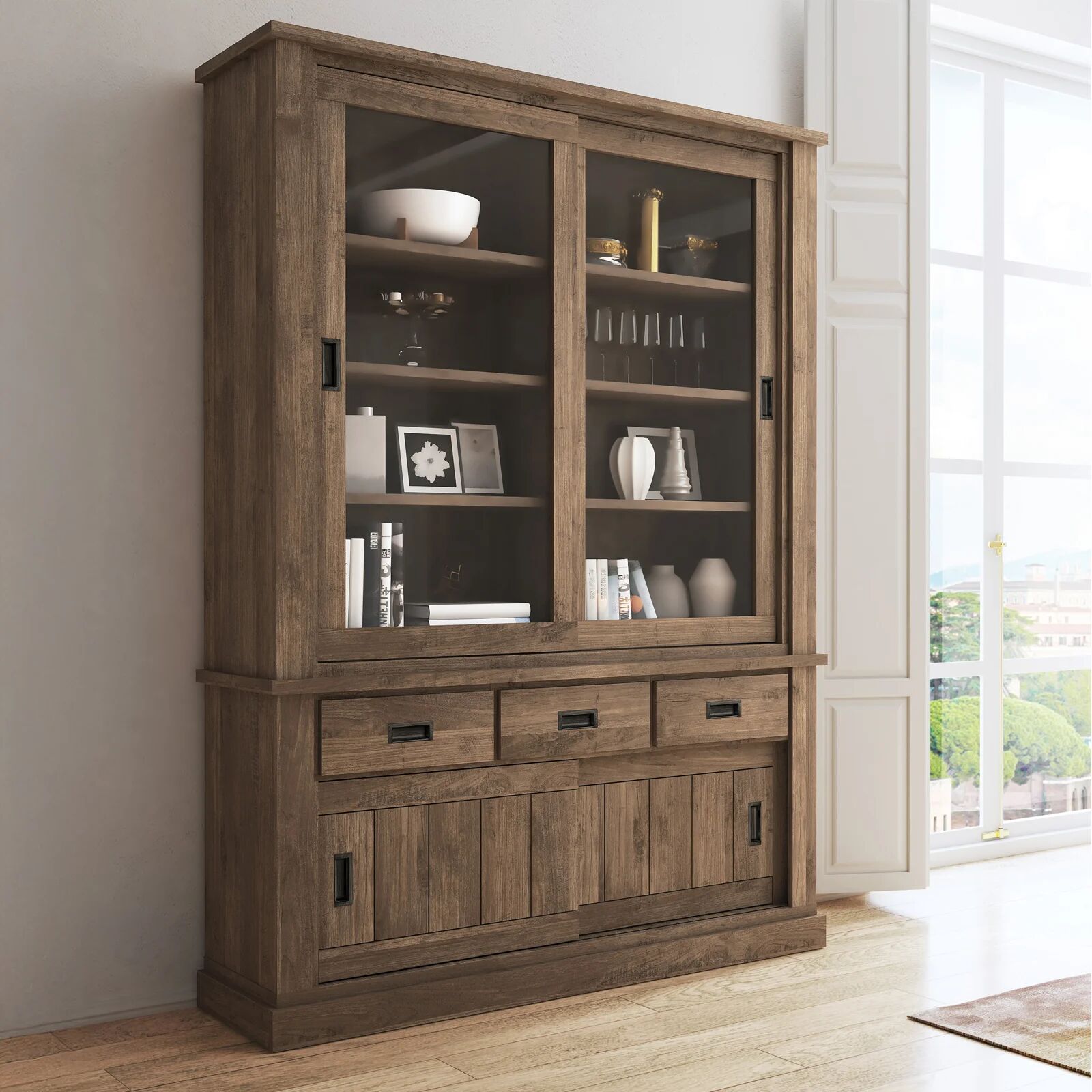 garneroarredamenti Vetrina 150x204h cm 4 ante scorrevoli 3 cassetti soggiorno noce nero Islen