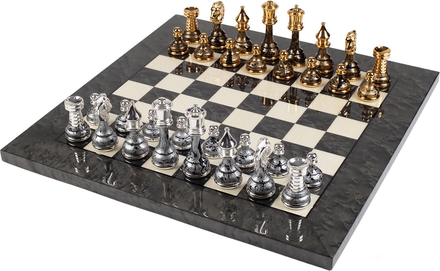 Italienisches Schachset Messing/Holz Gold/Silber Fantasy + Schachbrett Holz 42