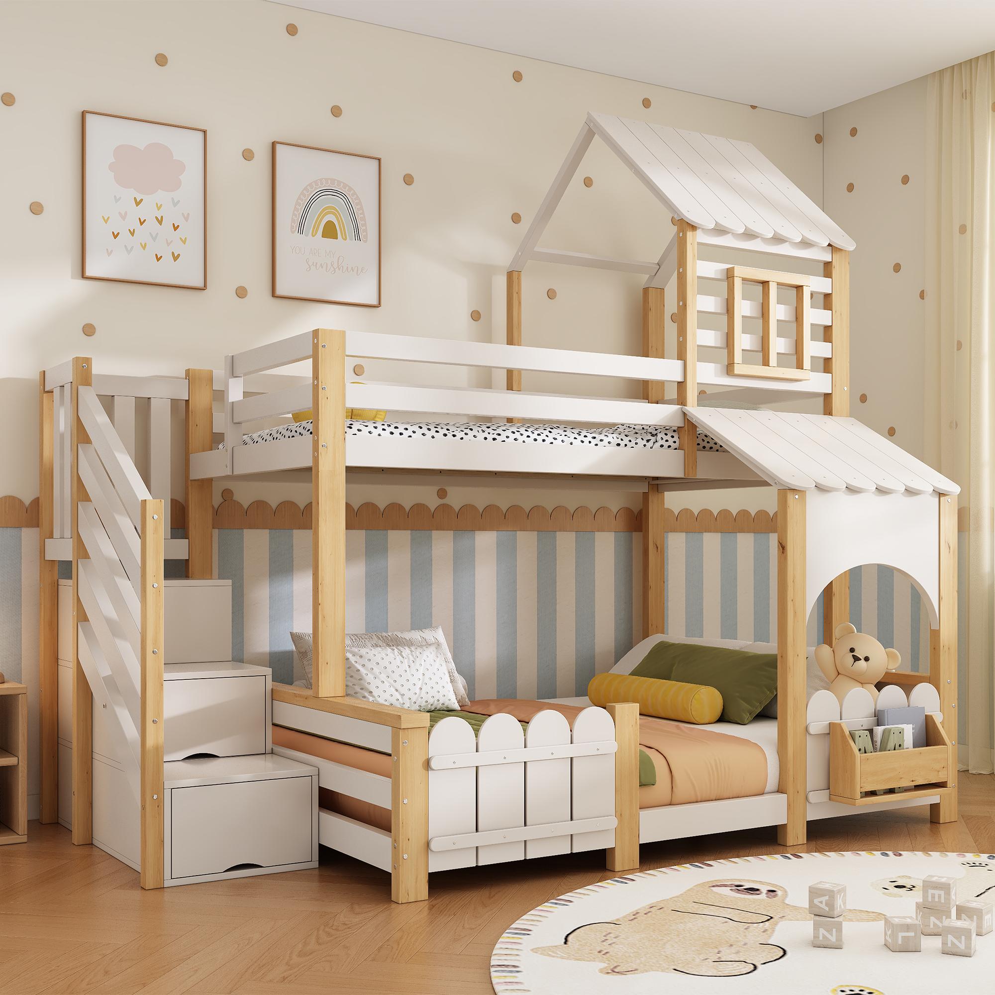 okwish Etagenbett 90/140x200 mit einer Matratze und Bücherablage,Hausbett mit Treppenstauraum,Gartenzaun-Design,Jugendbett in Natur