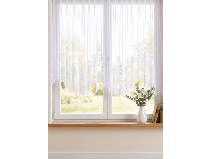 Blumenfenster-Store, gleichmäßig gebogt, mit Faltenband, Weiss, Größe 095 (H145xB300 cm)