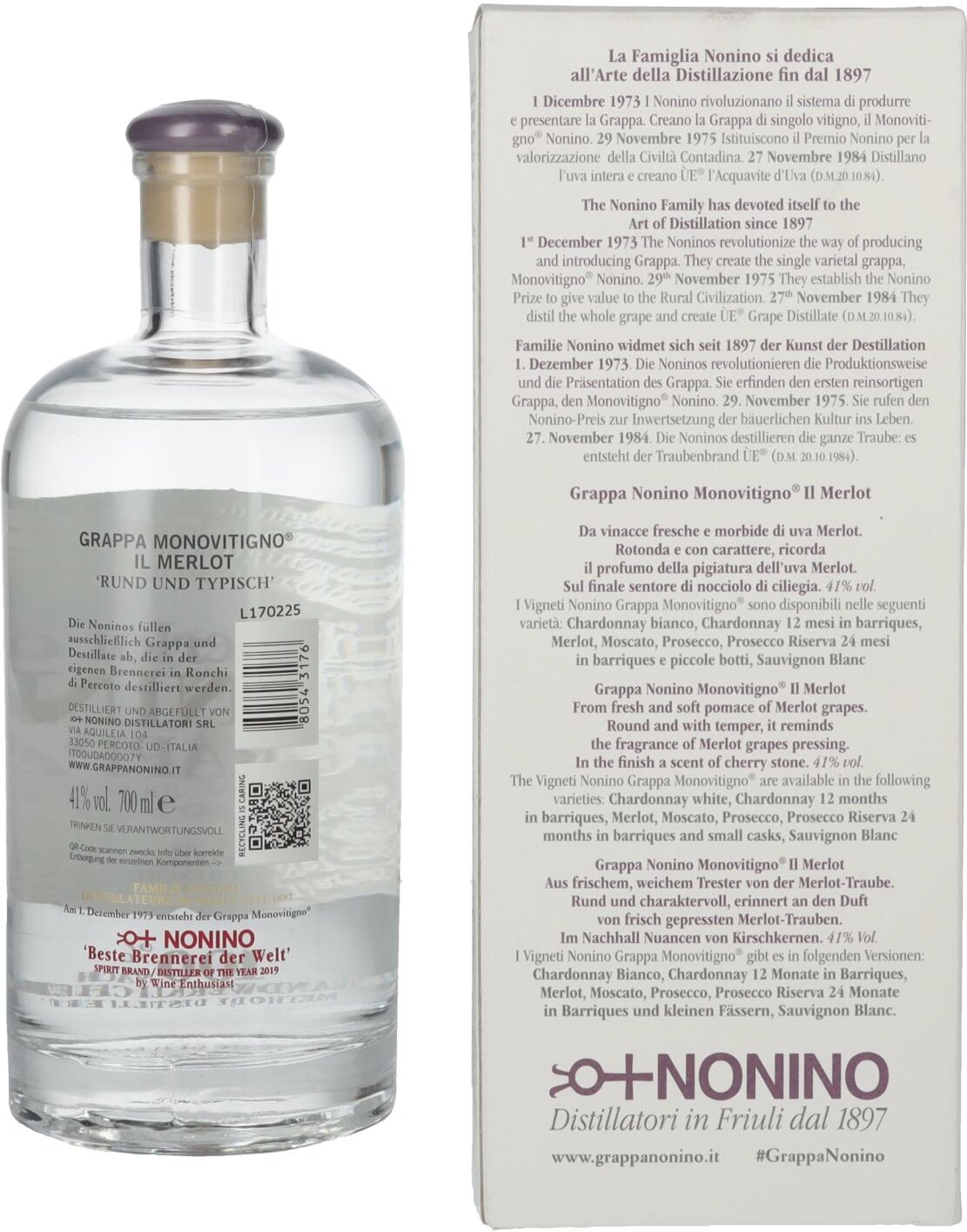 Nonino Grappa Monovitigno il Merlot 41% Vol. 0,7l in Geschenkbox