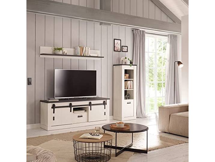 Lomadox Wohnwand TV-Wand Pinie weiß Nb. mit anthrazit 3-teilig Landhausstil, TV-Lowboard, Wandboard, Regal