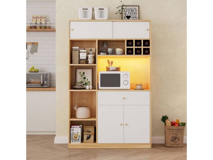 Buffet de Cuisine - 115x35x180cm - Meuble Haut avec LED Étagères Range-Bouteilles Grand Espace Micro-Ondes - Blanc et Chêne