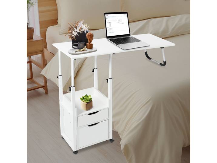 Table de chevet pliable avec roulettes, table de chevet mobile, bureau sur lit réglable en hauteur avec tiroir, table de chevet roulante