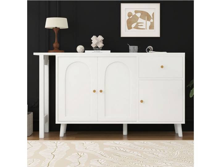 ROVRYN Bureau 2 en 1 rotatif 360° avec sideboard 3 portes 1 tiroir 120 x 40 x 74 5 cm blanc et doré