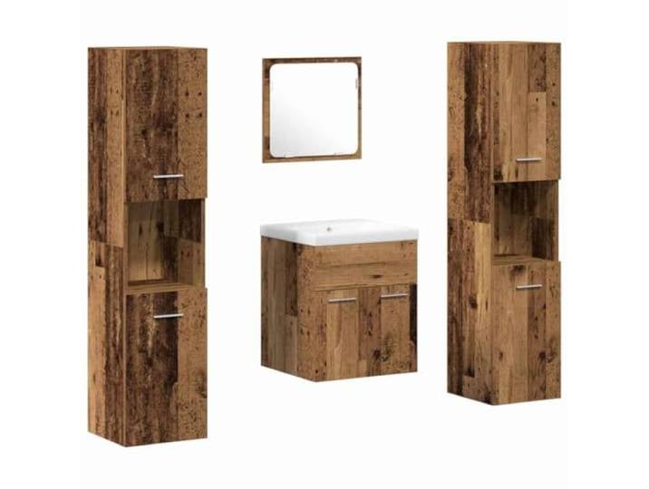 POUFGDR 4-teiliges Badezimmermöbel-Set aus antikem Holz Wandschrank, Holz, bündige Türen, Metallgriffe, silberfarbene Oberfläche, platzsparend