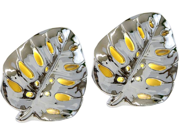 Dekofigur I.GE.A. LED-Deko Blatt aus Keramik , silber, B:13cm H:12cm, Keramik, Dekofiguren, Dekofigur, Deko-Objekt Statue Geschenkidee 2er Set, silber