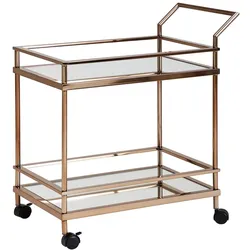 KADIMA DESIGN Design Servierwagen Dunkles Gold 2 Ebenen mit Bremsen, Beistelltisch auf Rollen, Speisewagen mit Glasplatte, Küchenwagen,