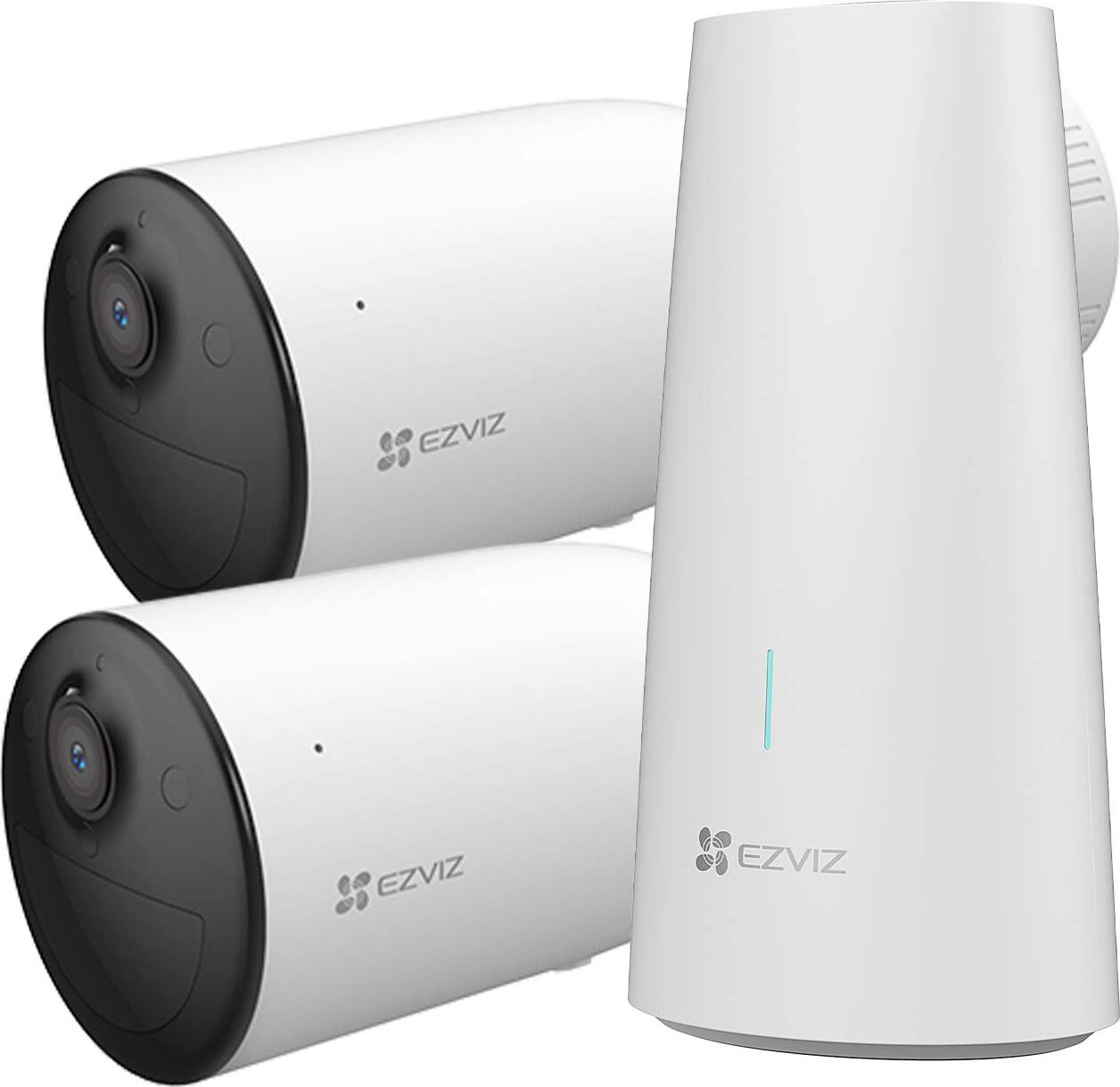 EZVIZ HB3-2 - Video-Überwachungssystem mit zwei batteriebetriebenen 2K WLAN Überwachungskameras, Aktive Verteidigung mit Sirene und Stroboskoplicht