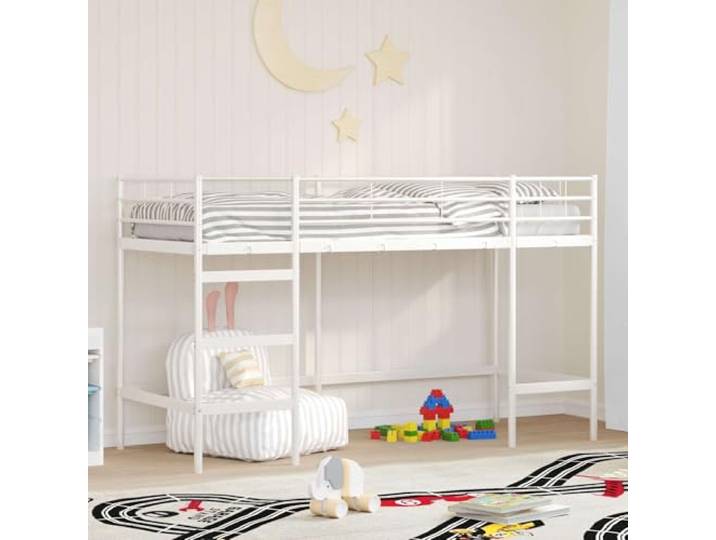 Stahlgestell Loftbett Kinderzimmer modern Mattschwarz 190 x 74 5 cm Weiß Kinderloftbett Weiß 74,5 x 190 cm Stahl Hochbett mit Wandkopfteil, Platzsparendes Metallgestell für Kinderzimmer,