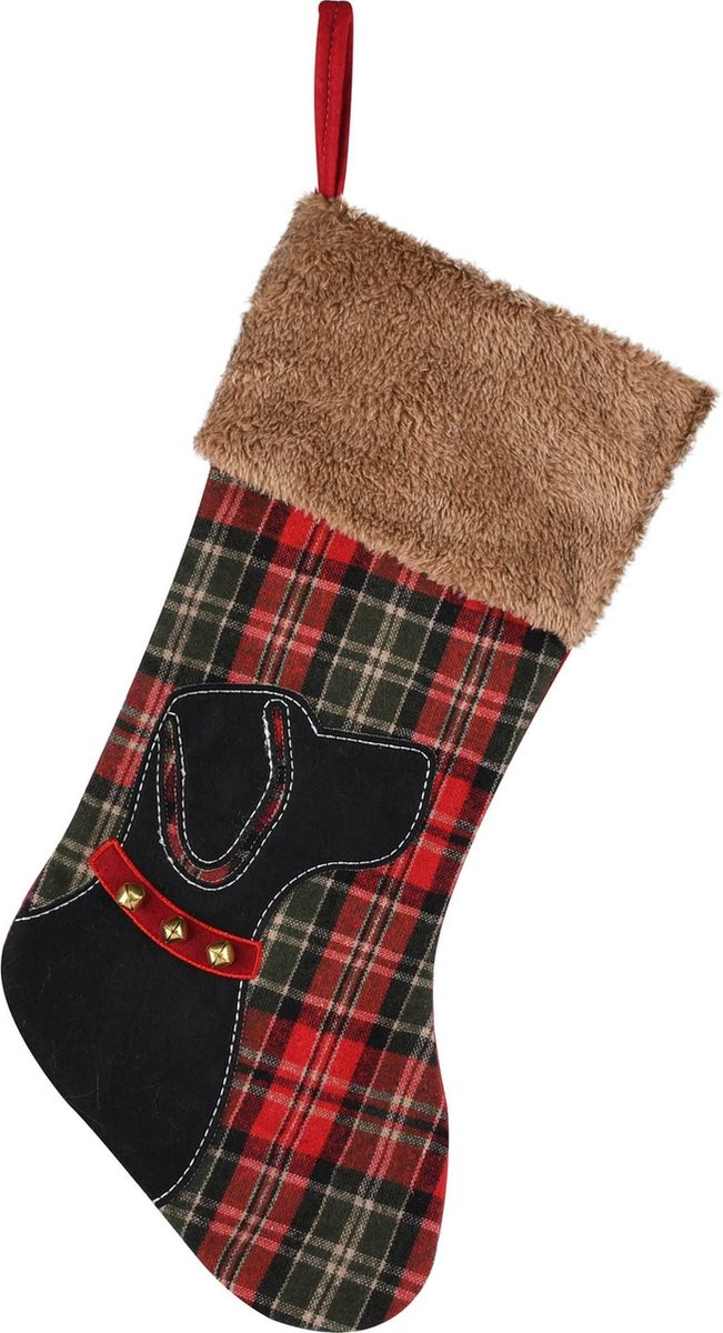 Decoratieve kerstkous met hond, rood/zwart geruit, textiel, 24 x 46 cm