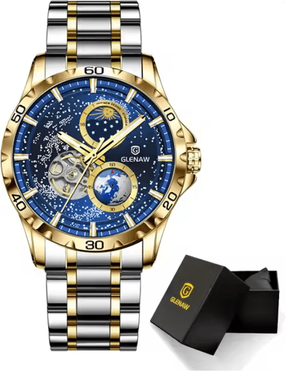 Inspire Essentials GLENAW Automatic Mechanical Watch With Rotating Earth Dial And Leather Strap gold Blue