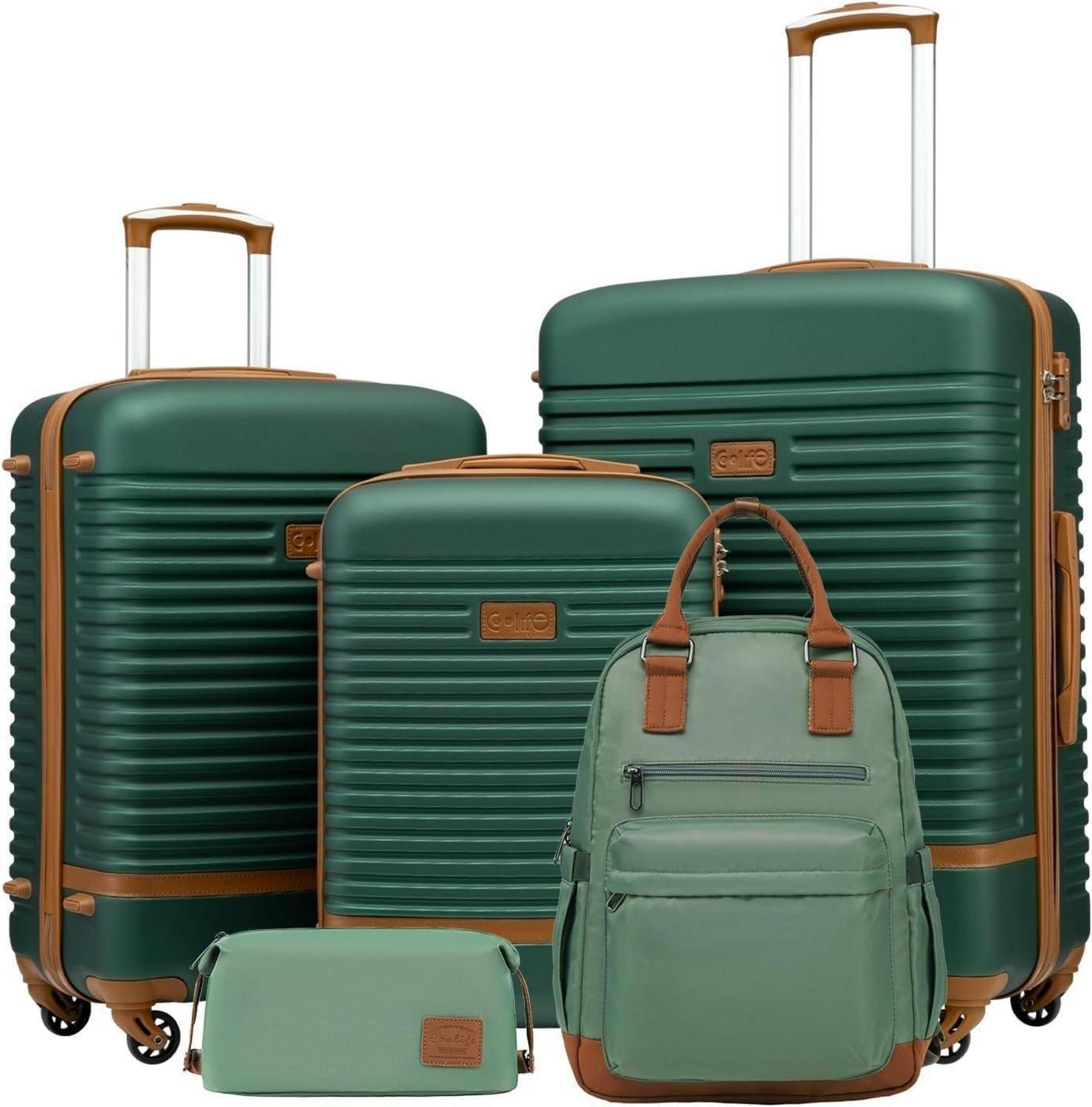 COOLIFE Koffer Set 5tlg ABS Hartschalen Trolley 4 Rollen TSA-Schloss Grau/Rosa