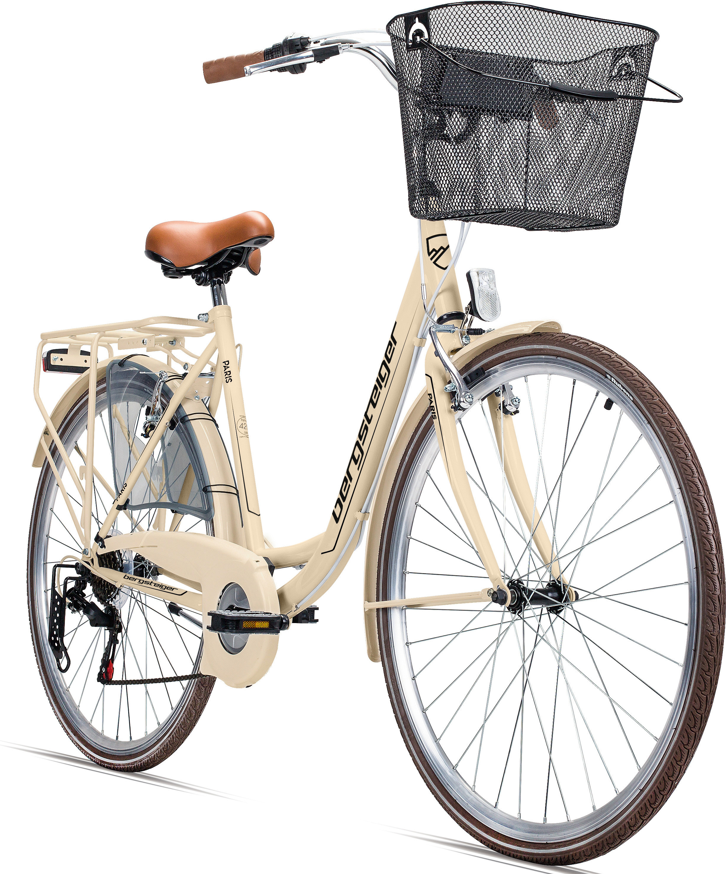 Bergsteiger Paris 28 Zoll Damenfahrrad, ab 160 cm, Korb, Fahrrad-Licht, Shimano 6 Gang-Schaltung, Damen-Citybike, Damenrad im Retro-Design