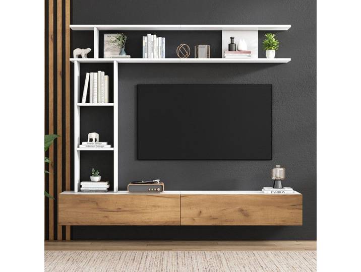 Meuble TV - ensemble de meubles de salon - ensemble de mur de salon TV avec vitrines - Blanc + Couleur Bois