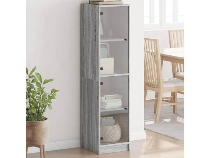 Elegantes Highboard mit Glastüren und Stauraum aus Holzwerkstoff, Modernes Highboard mit Glastüren für die Einrichtung, Graues mit zur Aufbewahrung für Wohnzimmer in Sonoma