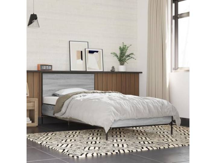 YUOTYRKTEJRSG Holzwerkstoff Stabilität Schlafzimmer Grau 90x200 cm Bettgestell Grau Sonoma 90x200 cm Holzwerkstoff und Metall Stabil Bettrahmen mit Kopfteil Lattenrost Ohne Matratze