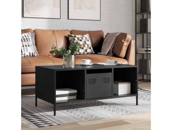 HEFZGDB Industrie-Stil Couchtisch Schwarz 101,5x50x43,5 cm aus Kaltgewalztem Stahl mit Verstellbaren Beinen und Praktischer Tür für Wohnzimmer
