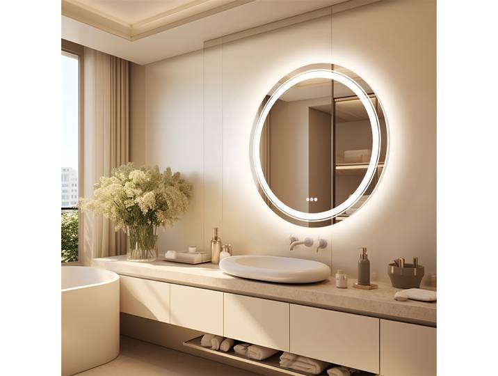 Miroir de salle de bain rond à LED de 32 pouces, miroir de vanité mural anti-buée avec capteur tactile rétroéclairé pour la maison