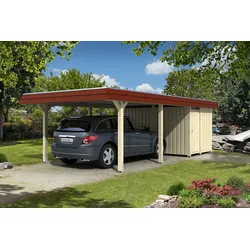 Carport Wendland 409x870 rote Blende, unbehandelt, mit Abstellraum, Aluminium-Dacheindeckung Holzcarport