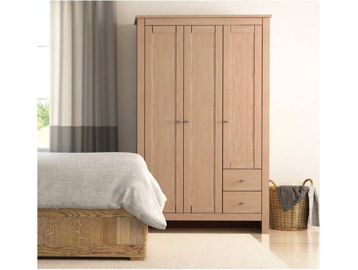 loft24 Kleiderschrank Eddie - Dielenschrank Drehtürenschrank Garderobenschrank 3 Türen, 2 Schubladen, MDF, Landhausstil, mit Kleiderstange