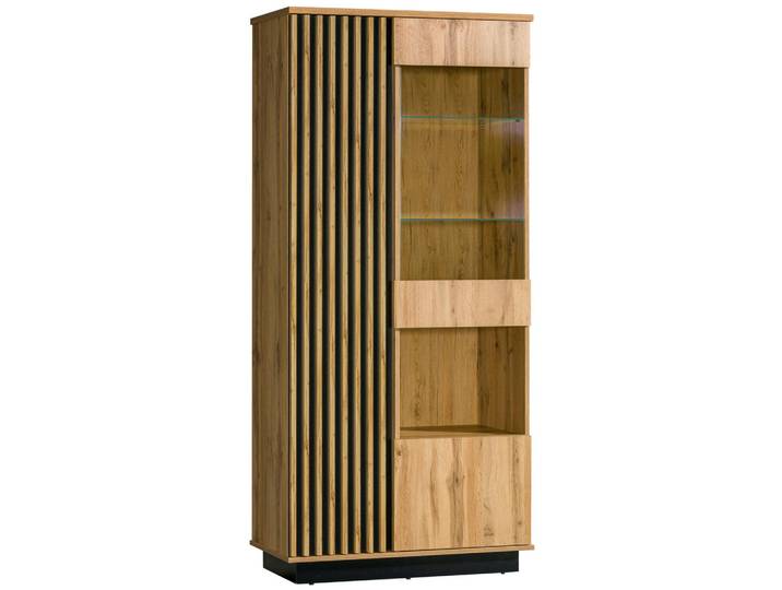 Milino Vitrine, Schwarz, Eiche Wotan, Glas, 6 Fächer, 90x193.6x40 cm, Wohnzimmer, Wohnwände, Vitrinenschränke